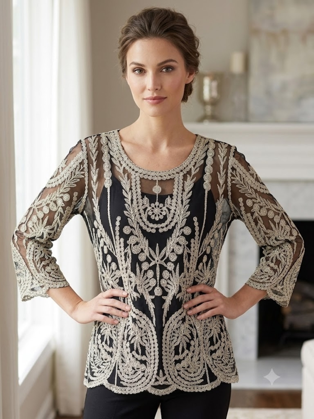 Ultra Pink Black Top with Cream Lace Embroidery